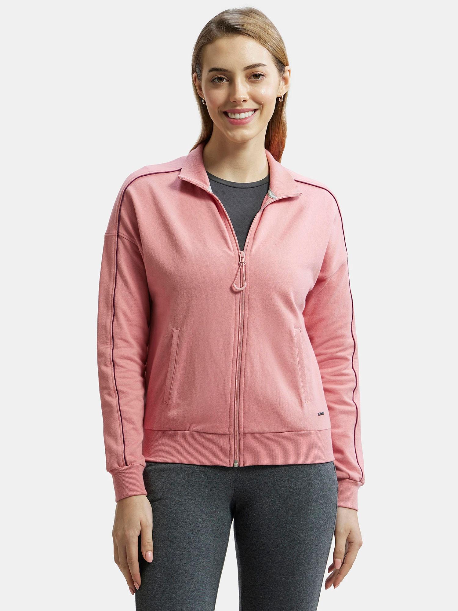 a111 women's cotton french terry fabric jacket with front pockets - pink