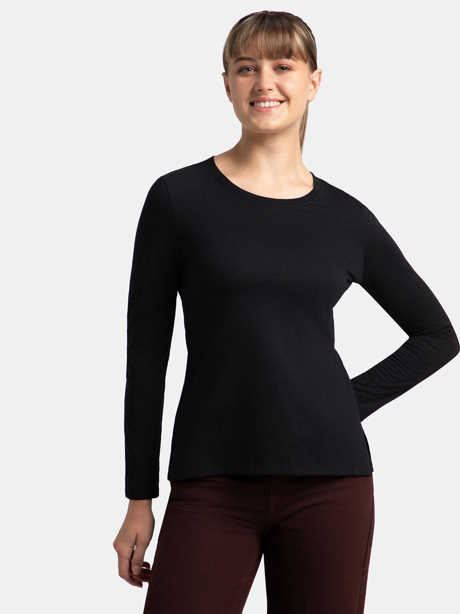 a140 women's cotton rich full sleeve t-shirt with side slit hem black