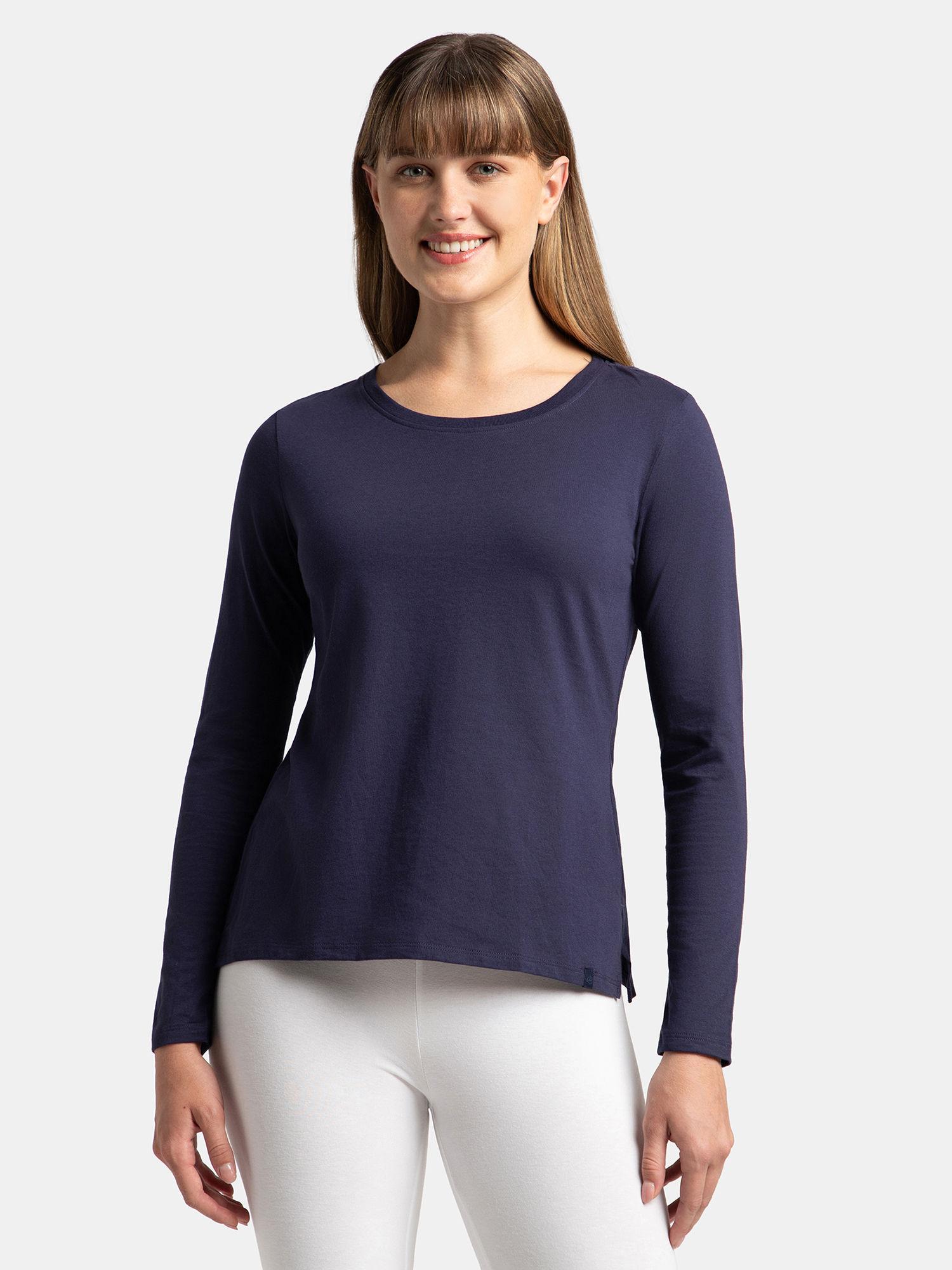 a140 women's cotton rich full sleeve t-shirt with side slit hem blue