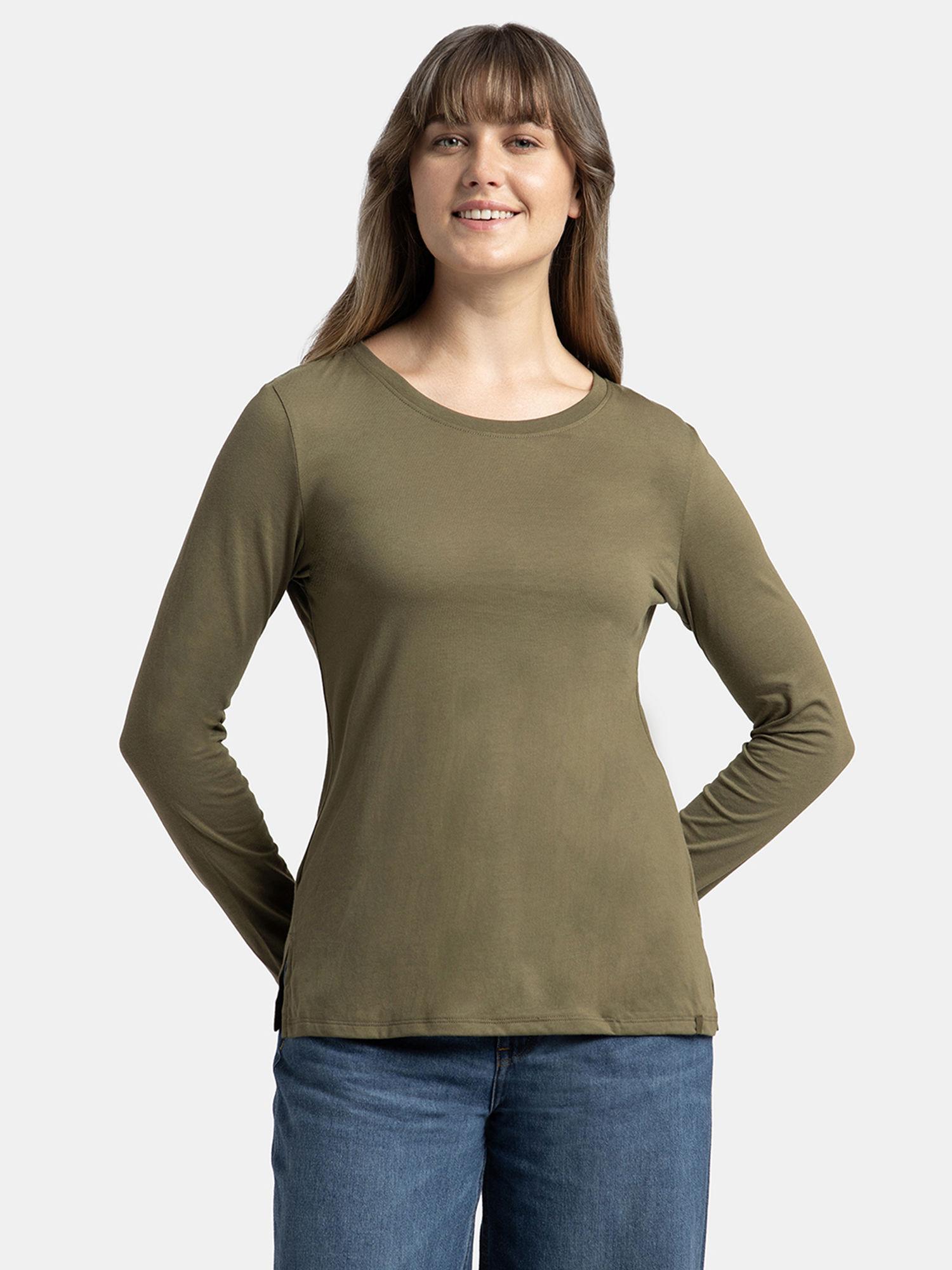 a140 women's cotton rich full sleeve t-shirt with side slit hem green