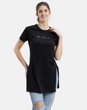 a142 super combed cotton fabric relaxed fit long length t-shirt with side slit