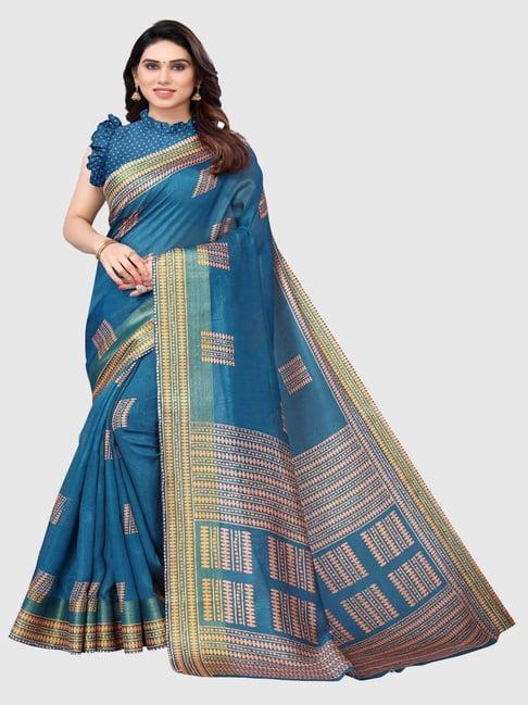 aa-ha!! blue printed saree with unstitched blouse