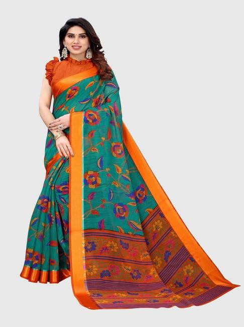 aa-ha!! teal green linen printed saree with unstitched blouse