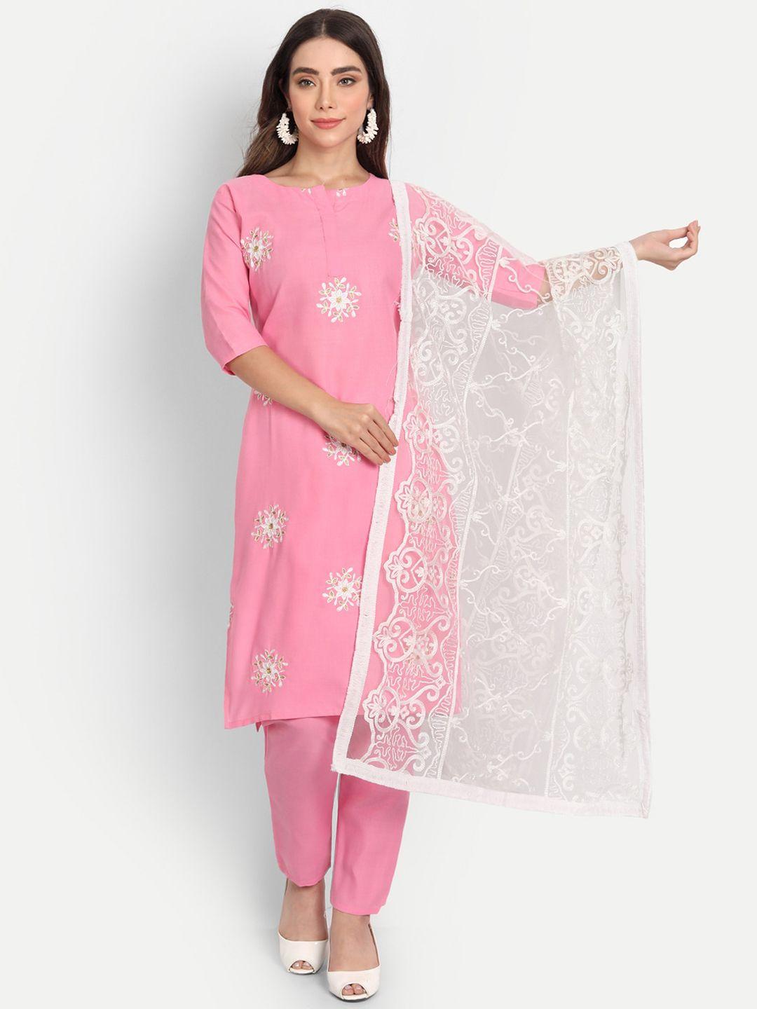 aa-ha!! women pink floral embroidered thread work kurta with trouser & dupatta