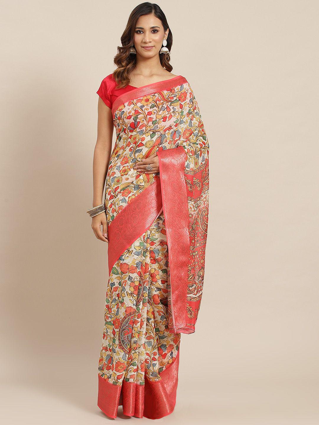 aa-ha off white & red floral jaquard printed saree