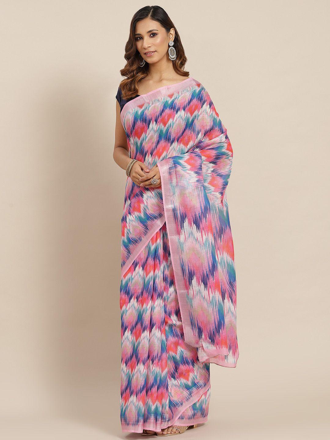 aa-ha pink & blue cotton linen printed ikat saree
