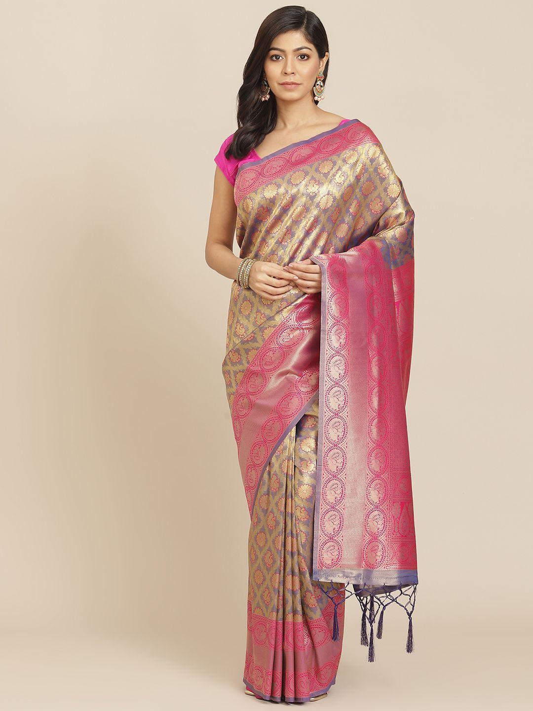 aa-ha golden & blue woven design banarasi saree