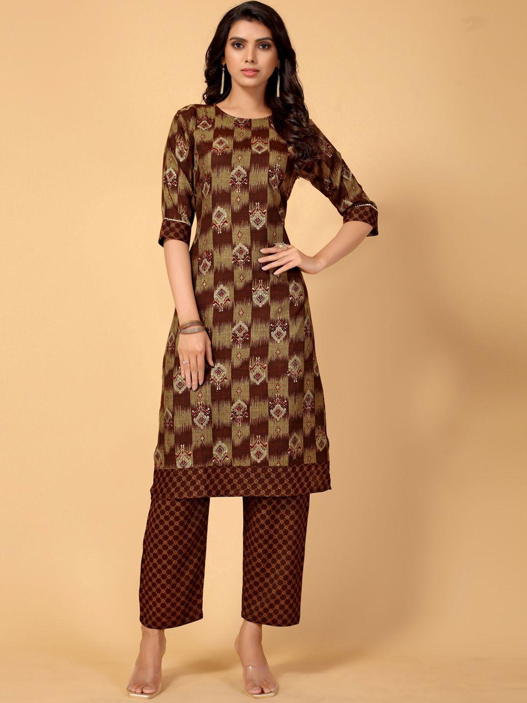 aa-ha women brown ethnic motifs printed kurta with palazzos