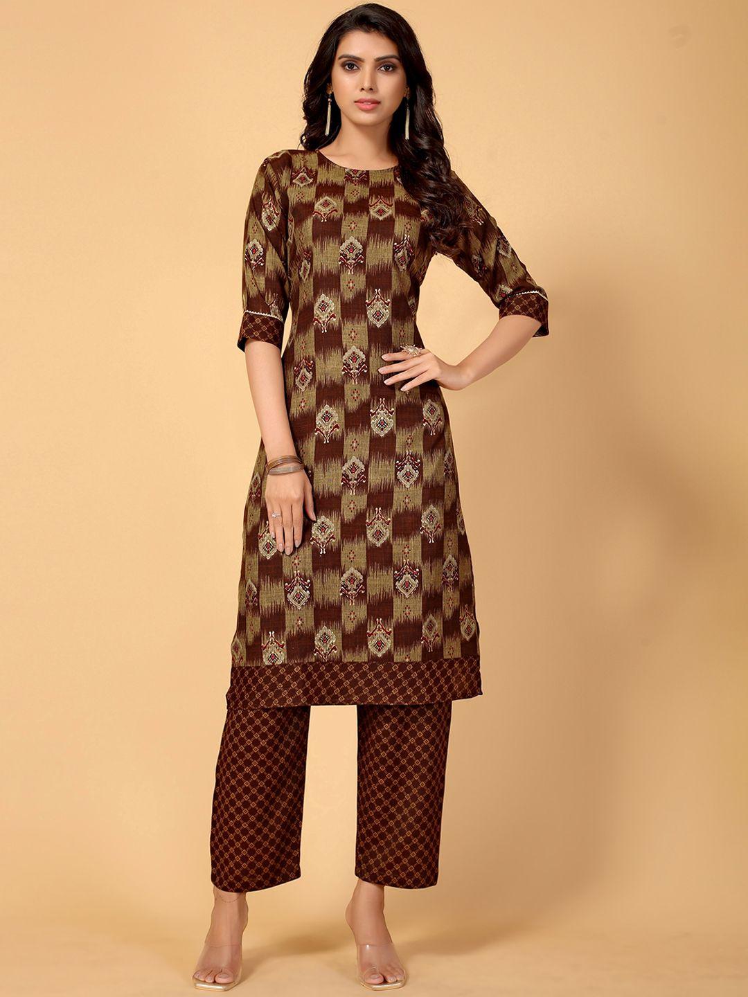 aa-ha women brown ethnic motifs printed kurta with palazzos