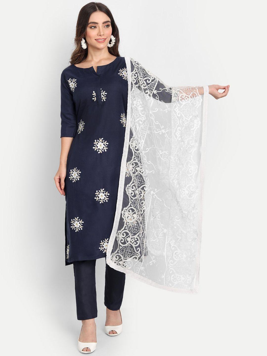 aa-ha women navy blue & white floral embroidered kurta with trousers & with dupatta