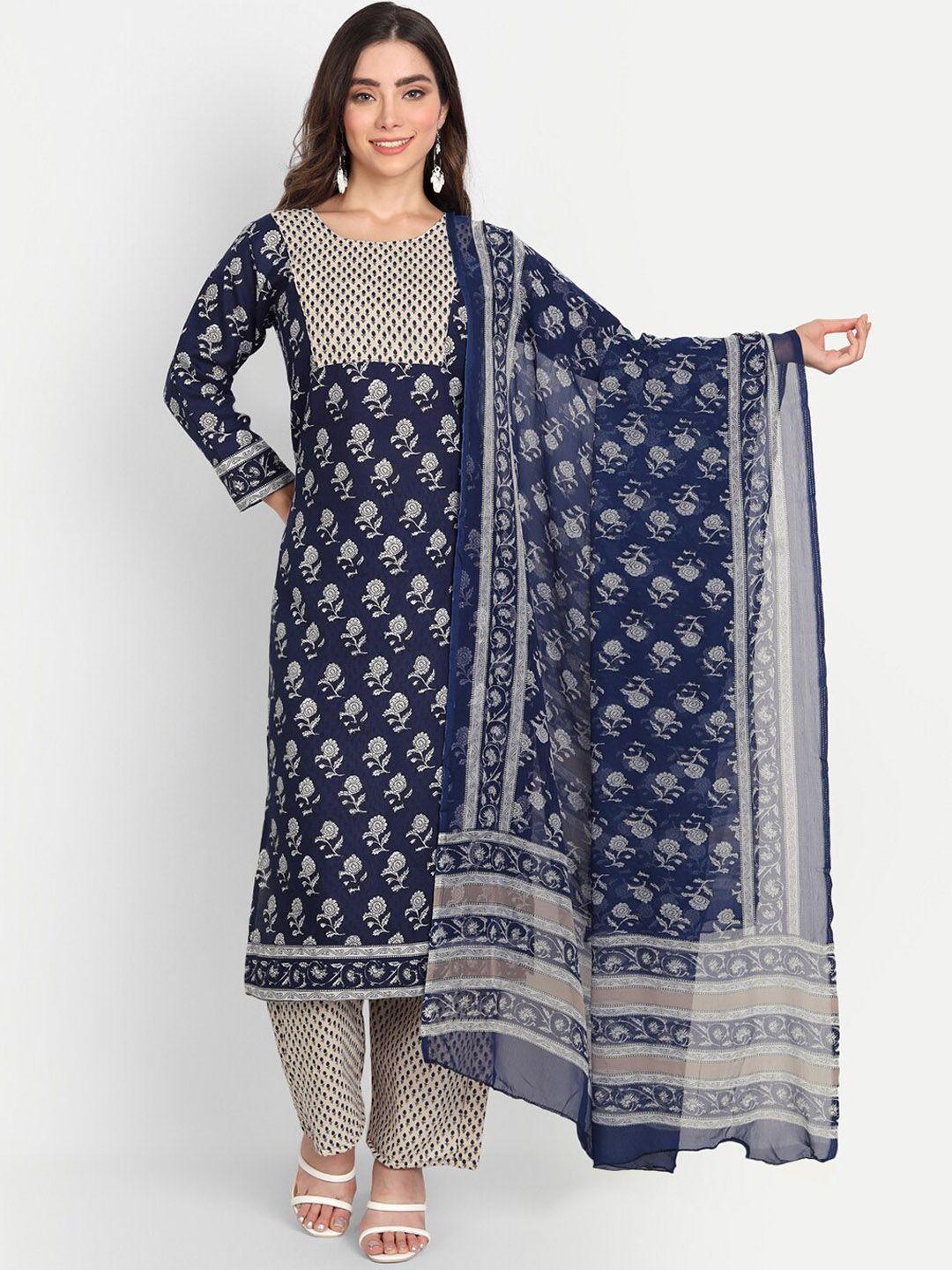 aa-ha women navy blue floral printed kurta with trousers & with dupatta