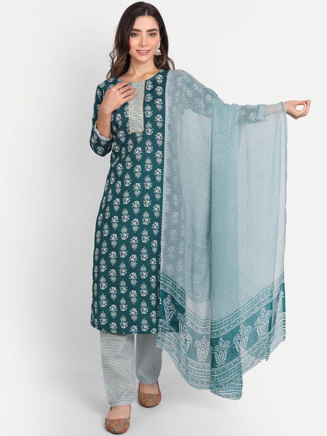 aa-ha women teal & white floral printed kurta with trousers & with dupatta