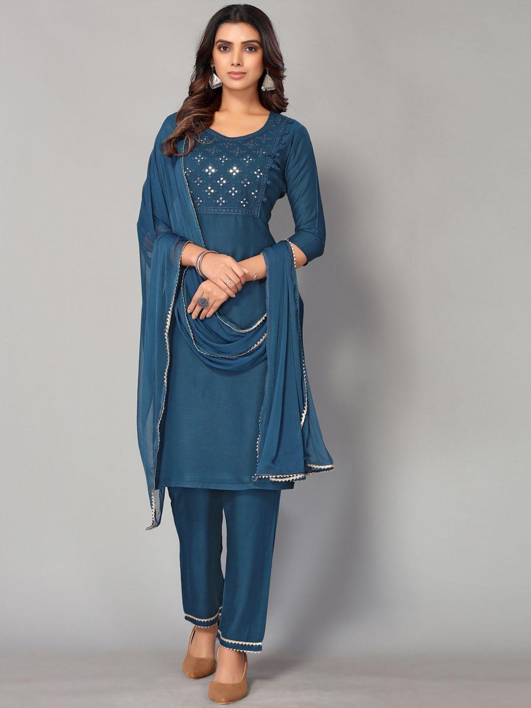 aa-ha women teal embroidered mirror work kurta with trousers & with dupatta