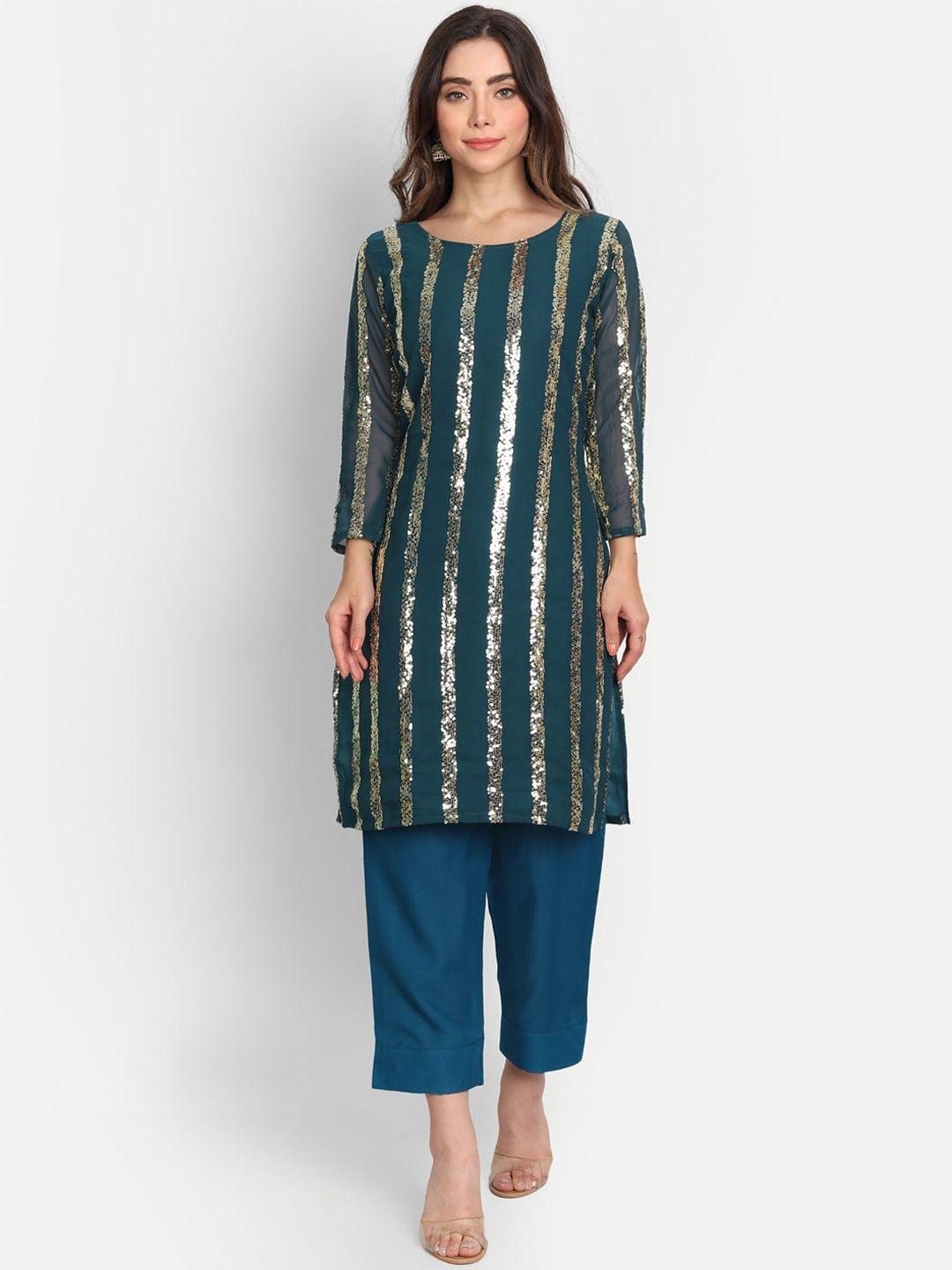 aa-ha women teal striped embroidered sequinned silk georgette kurta with trousers