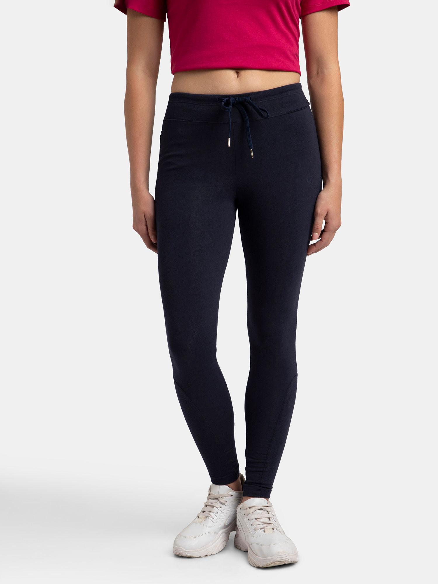 aa01 women's cotton elastane yoga pant with convenient zipper pockets navy blue