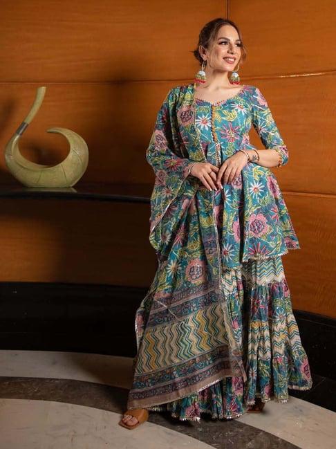 aachho blue cotton floral print kurti sharara set with dupatta