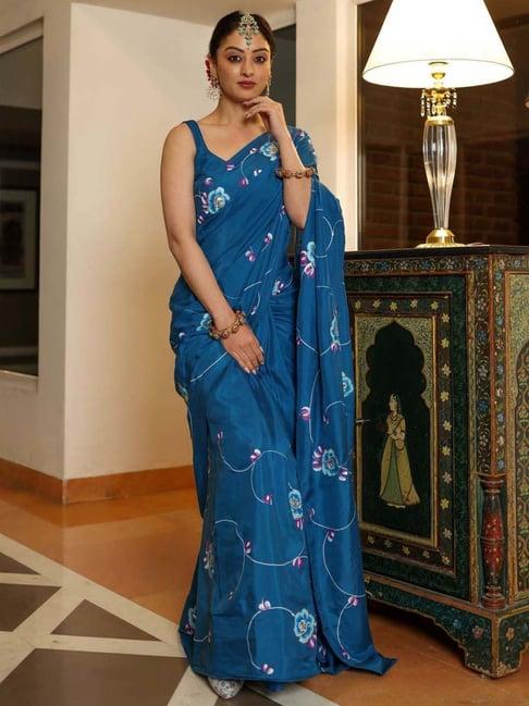 aachho blue silk floral print saree without blouse