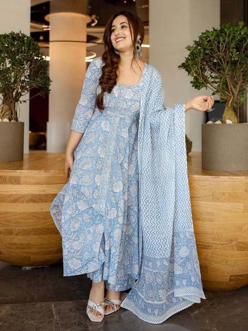 aachho cornflower blue handblock suit set