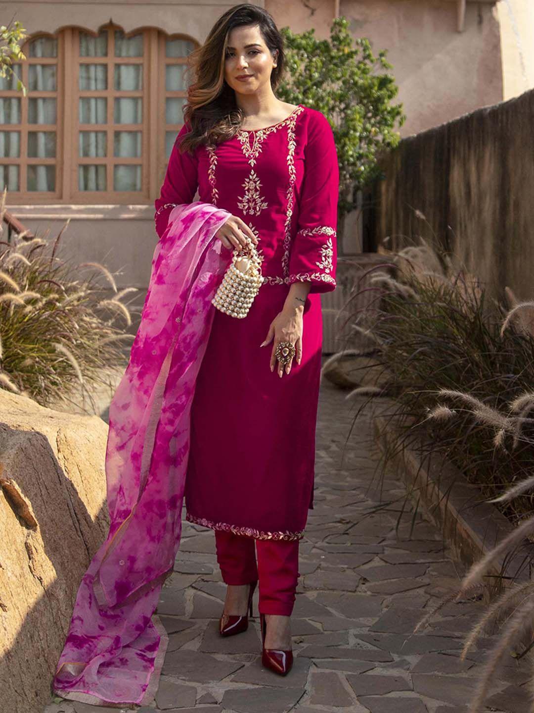 aachho floral embroidered thread work velvet kurta with trousers & dupatta