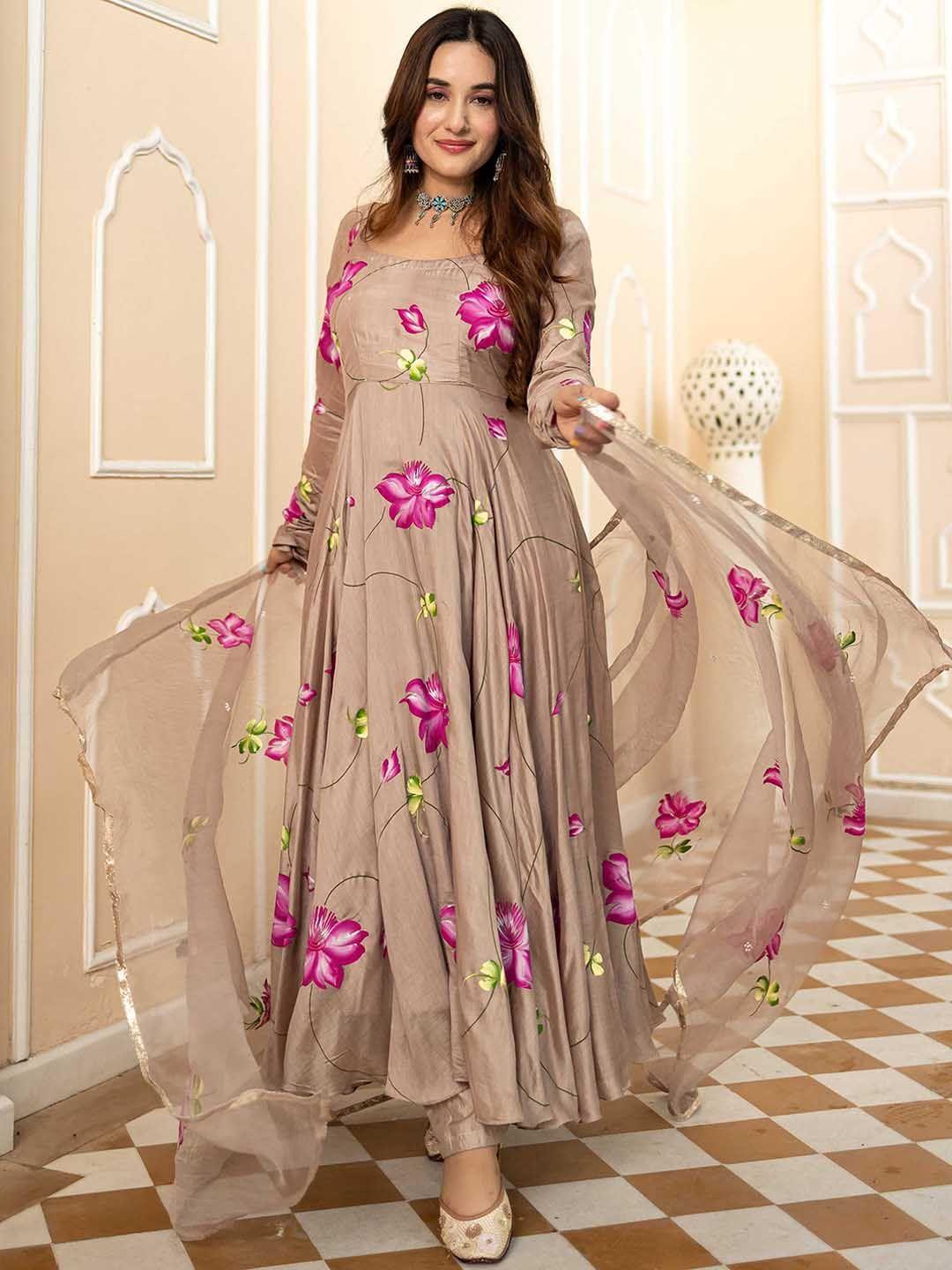 aachho floral printed anarkali kurta with trousers & dupatta