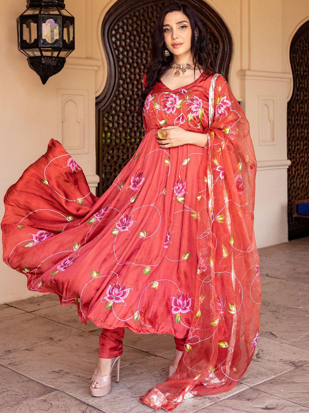 aachho floral printed anarkali satin kurta with trousers & dupatta