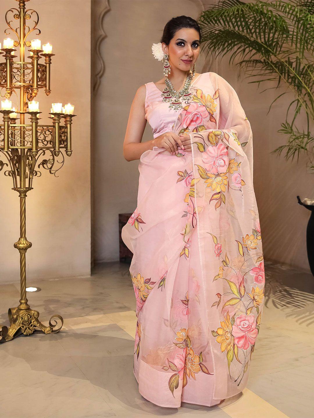 aachho floral printed embellished organza saree