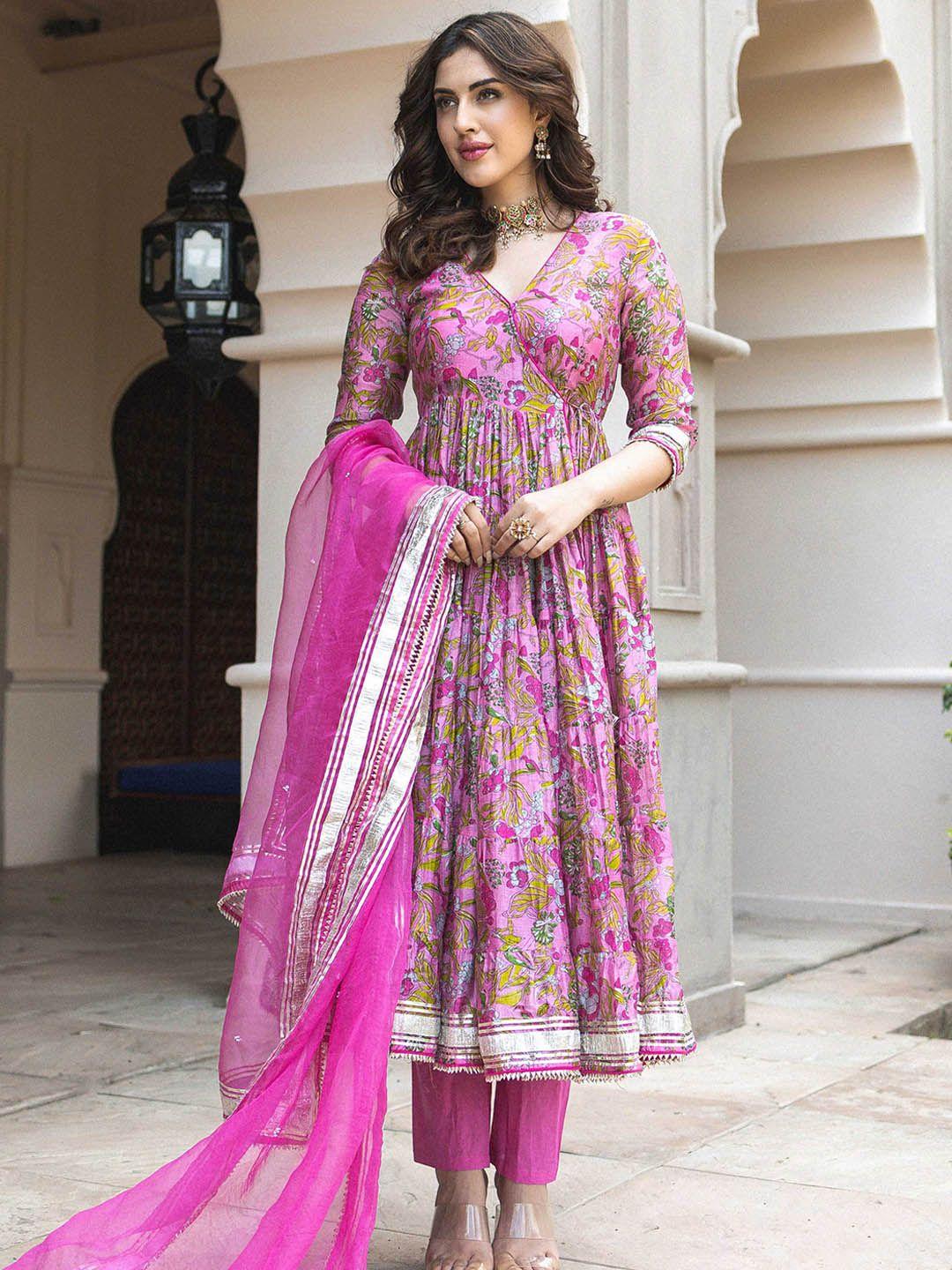 aachho floral printed gotta patti anarkali chanderi silk kurta with trousers & dupatta