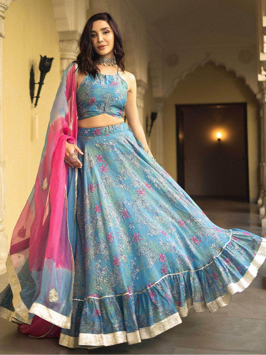 aachho floral printed organza ready to wear lehenga & blouse with dupatta