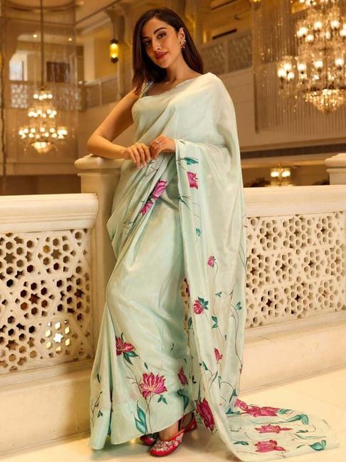 aachho green silk floral print saree without blouse