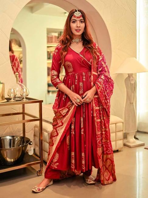 aachho maroon angrakha bandhej suit set