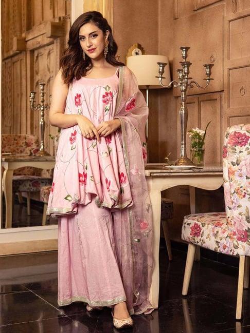 aachho pink cotton floral print kurti sharara set with dupatta