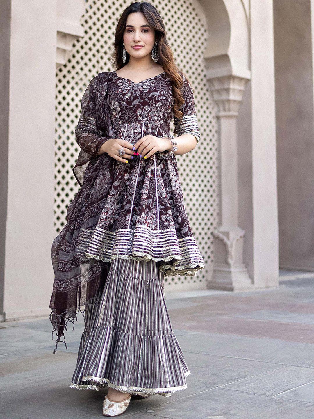 aachho printed pure cotton a-line kurta with sharara & with dupatta