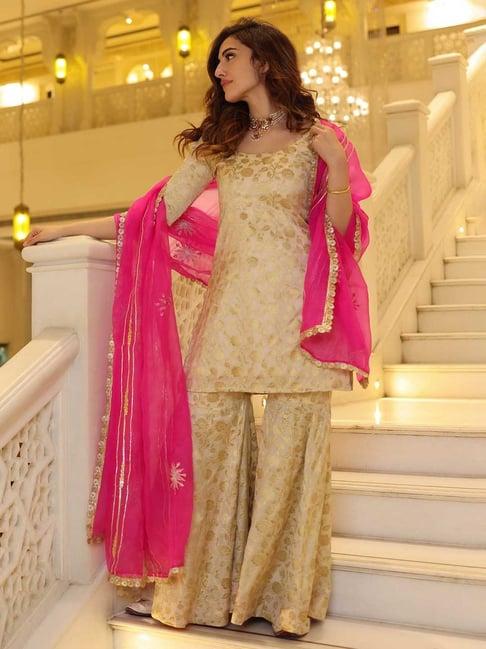 aachho promising gold brocade sharara set