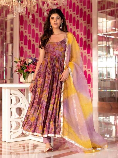 aachho purple floral print kurta pant set with dupatta