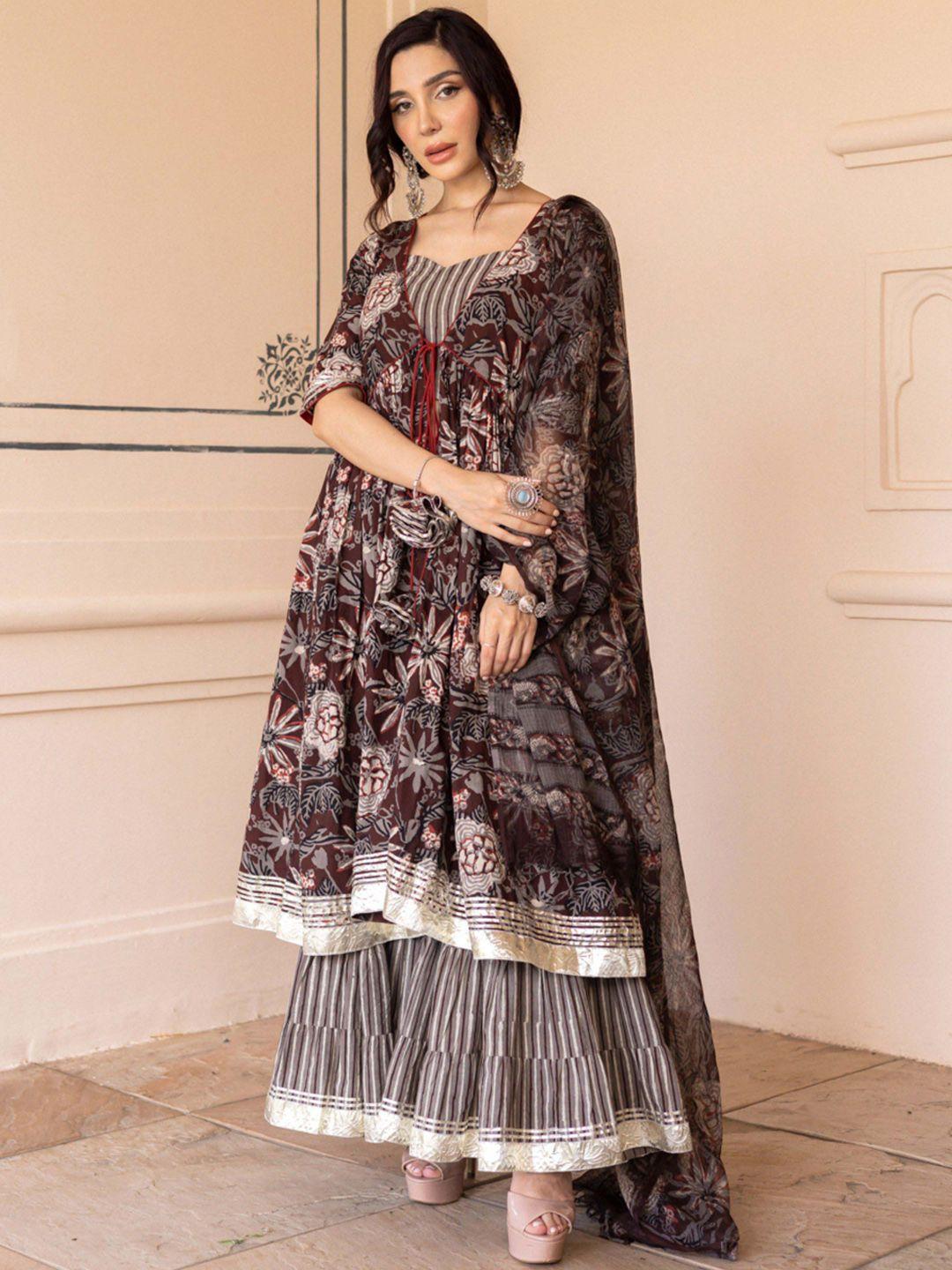 aachho women ethnic motifs printed empire pure cotton kurta with sharara & with dupatta