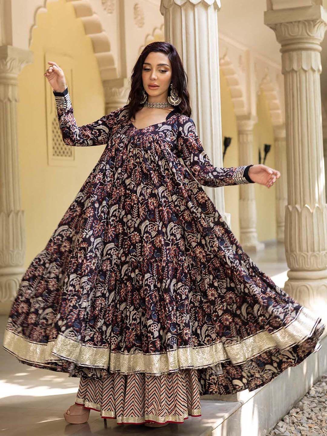 aachho women floral printed empire gotta patti pure cotton kurta & sharara & with dupatta