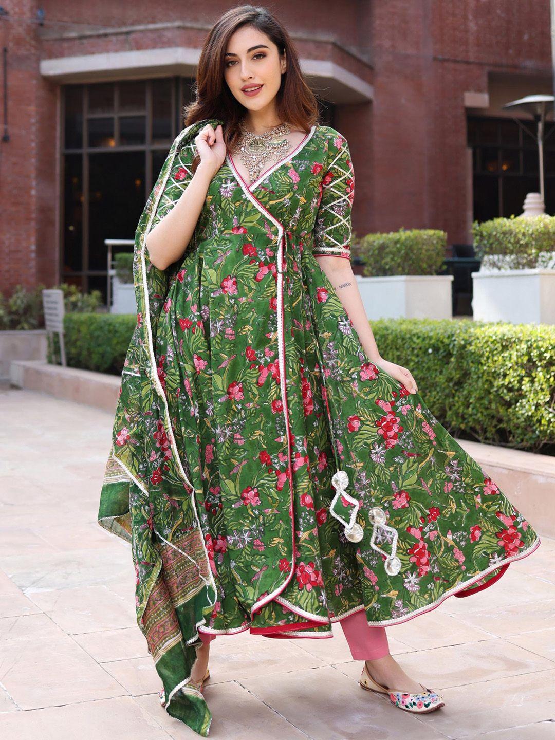 aachho women green floral printed angrakha gotta patti pure cotton kurta with trousers & with dupatta