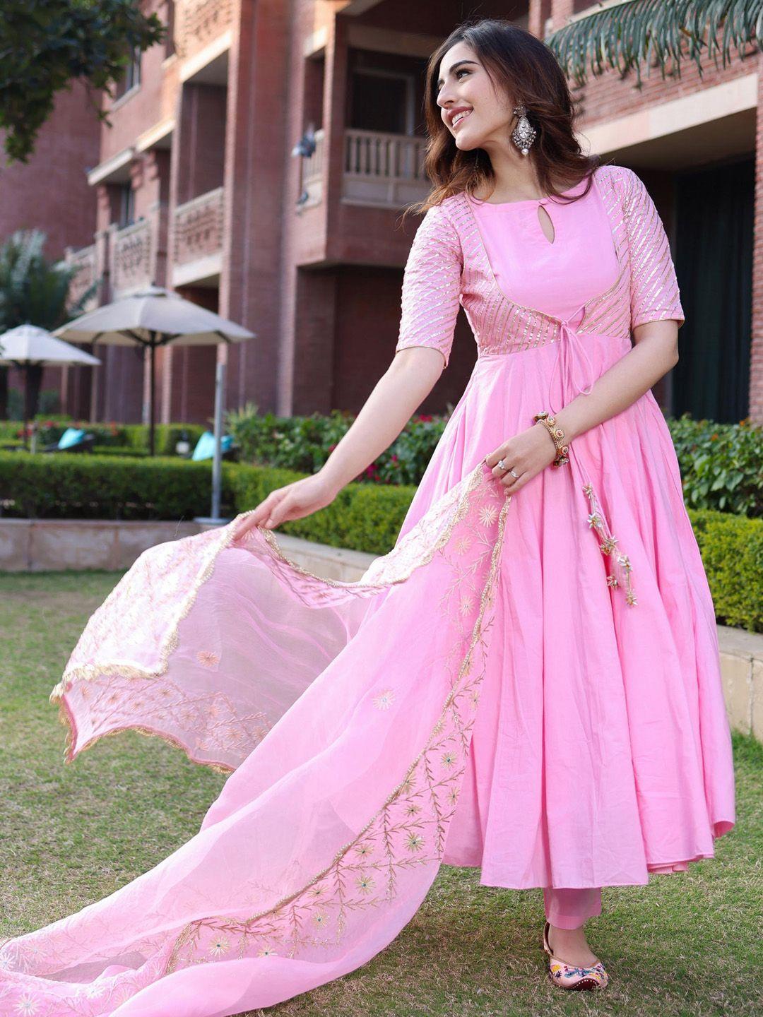 aachho women pink embroidered gotta patti pure cotton anarkali pure cotton kurta set