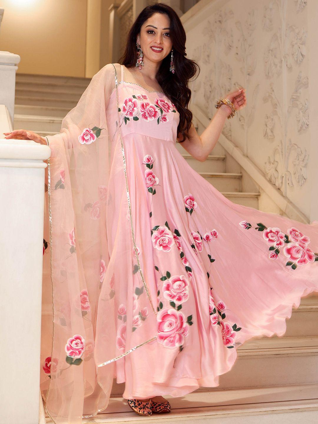 aachho women pink floral printed kurta sets
