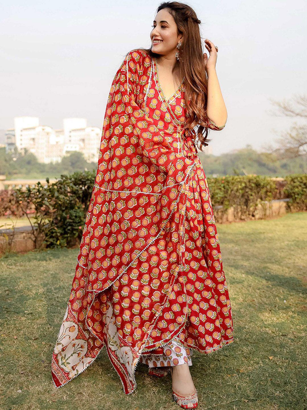 aachho women red printed angrakha pure cotton kurta with trousers & with dupatta