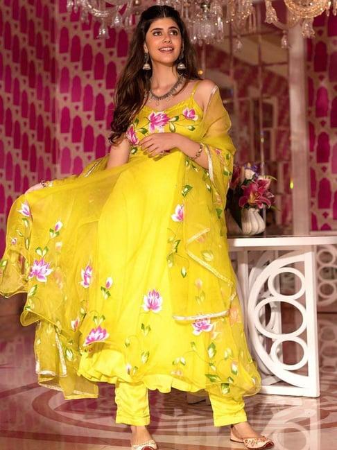 aachho yellow floral print kurta pant set with dupatta