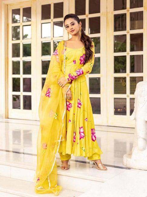 aachho yellow floral print kurta pant set with dupatta