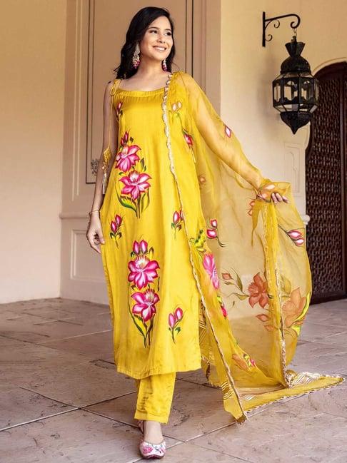 aachho yellow safra hand painted suit set