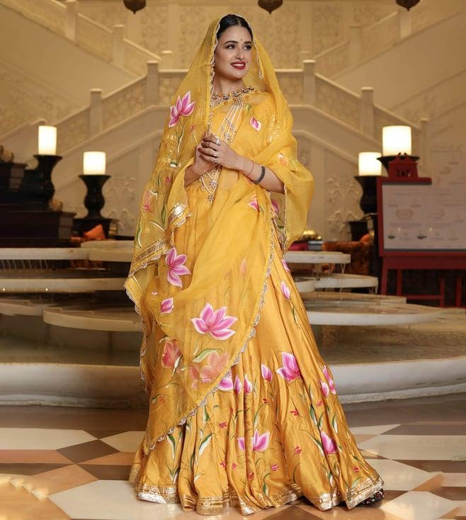 aachho yellow slice hand painted lehenga set