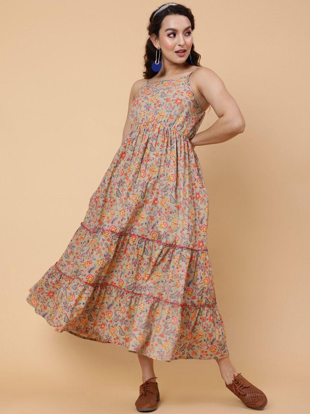 aadat beige floral print maxi sleeveless dress