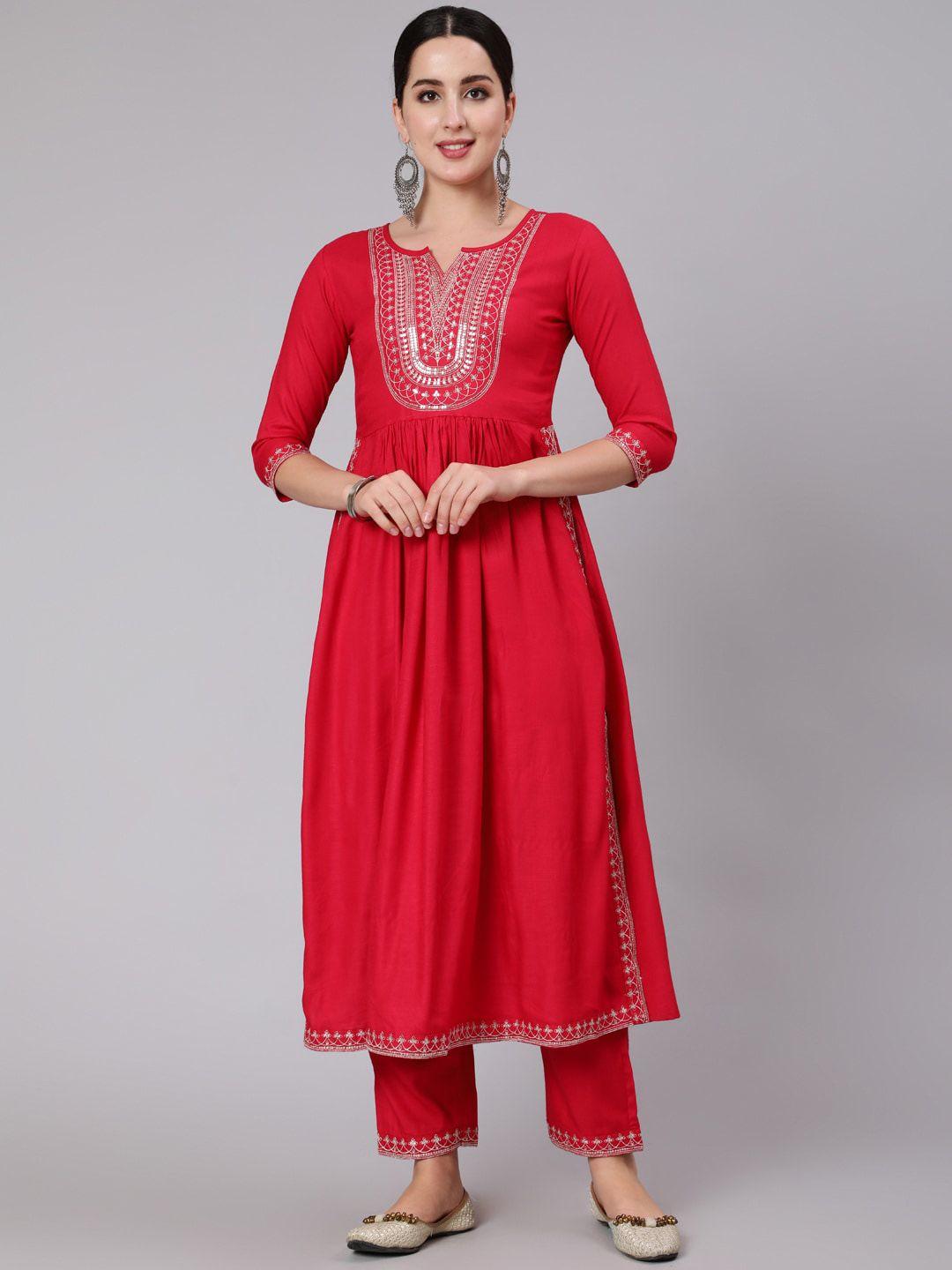 aadat embroidered notched round neck kurta with trousers