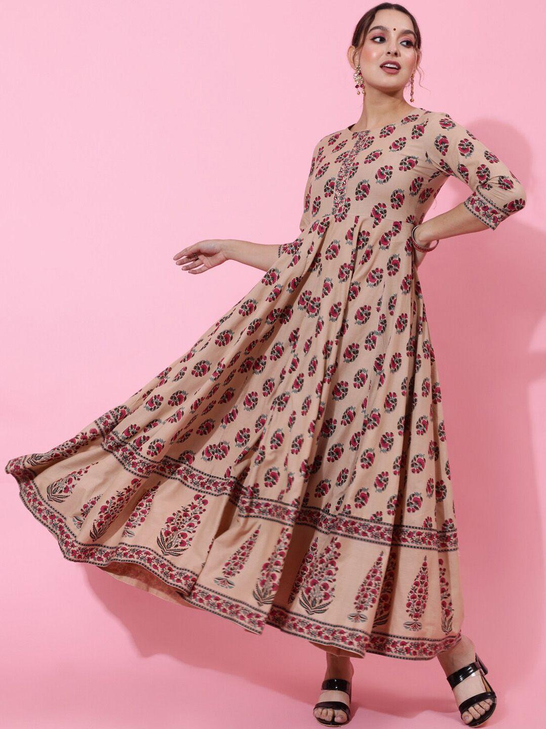 aadat ethnic motifs printed cotton fit & flare ethnic dress