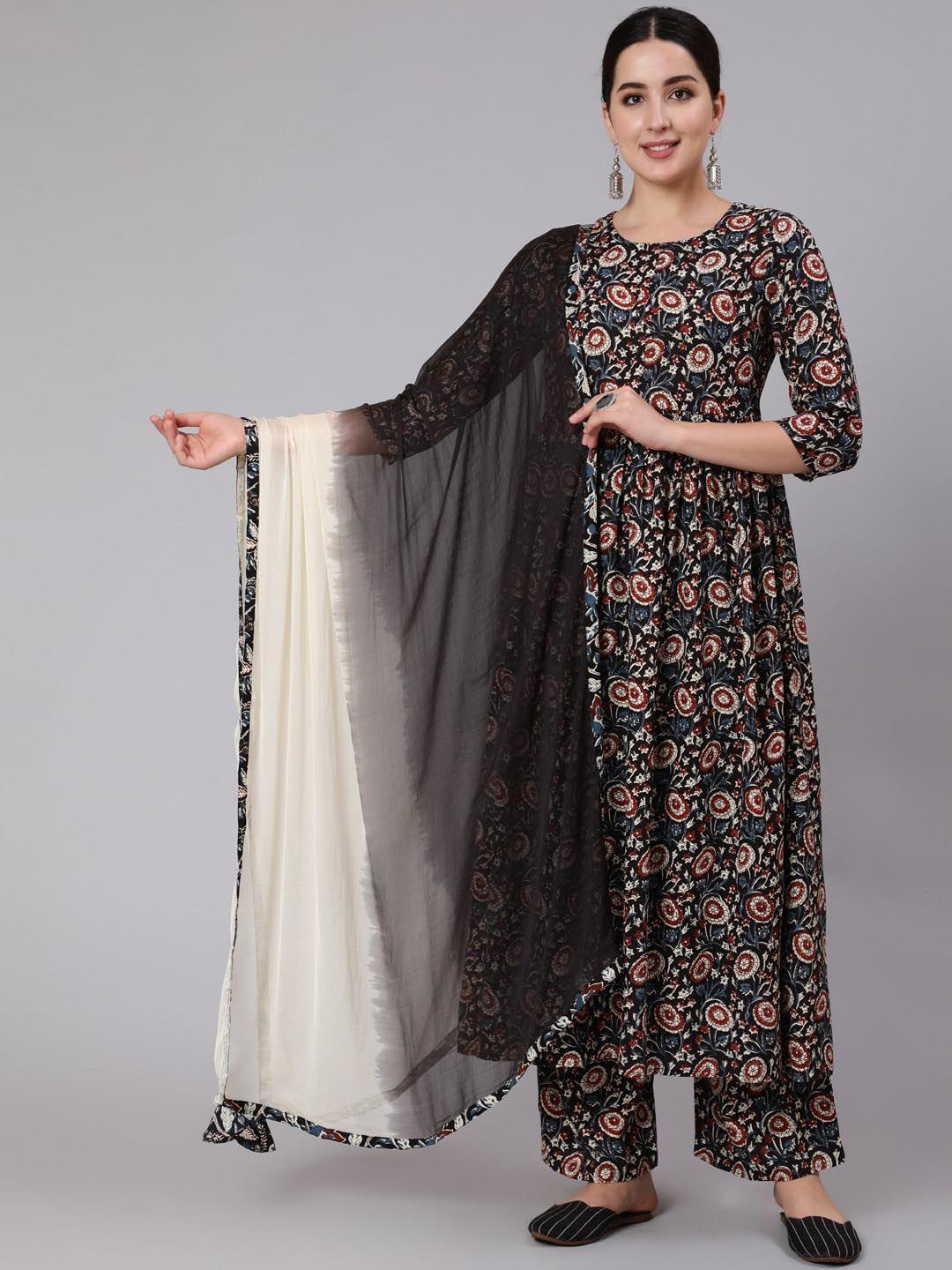 aadat ethnic motifs printed pleated kurta with palazzos & dupatta