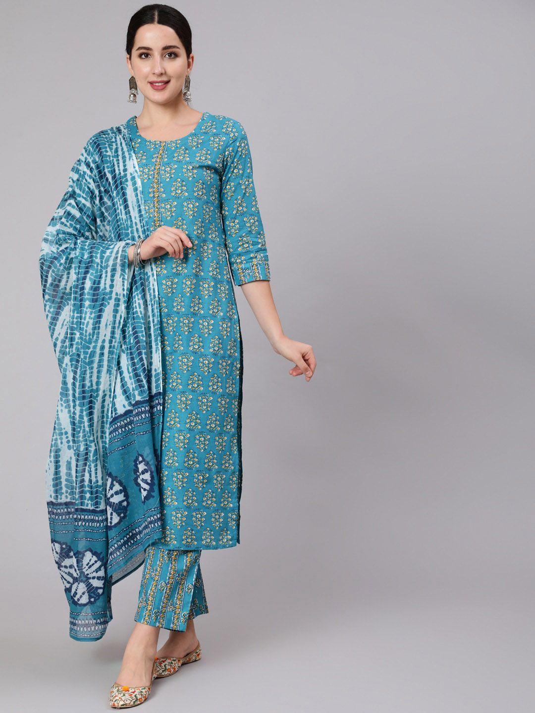 aadat ethnic motifs printed regular pure cotton kurta with trousers & dupatta