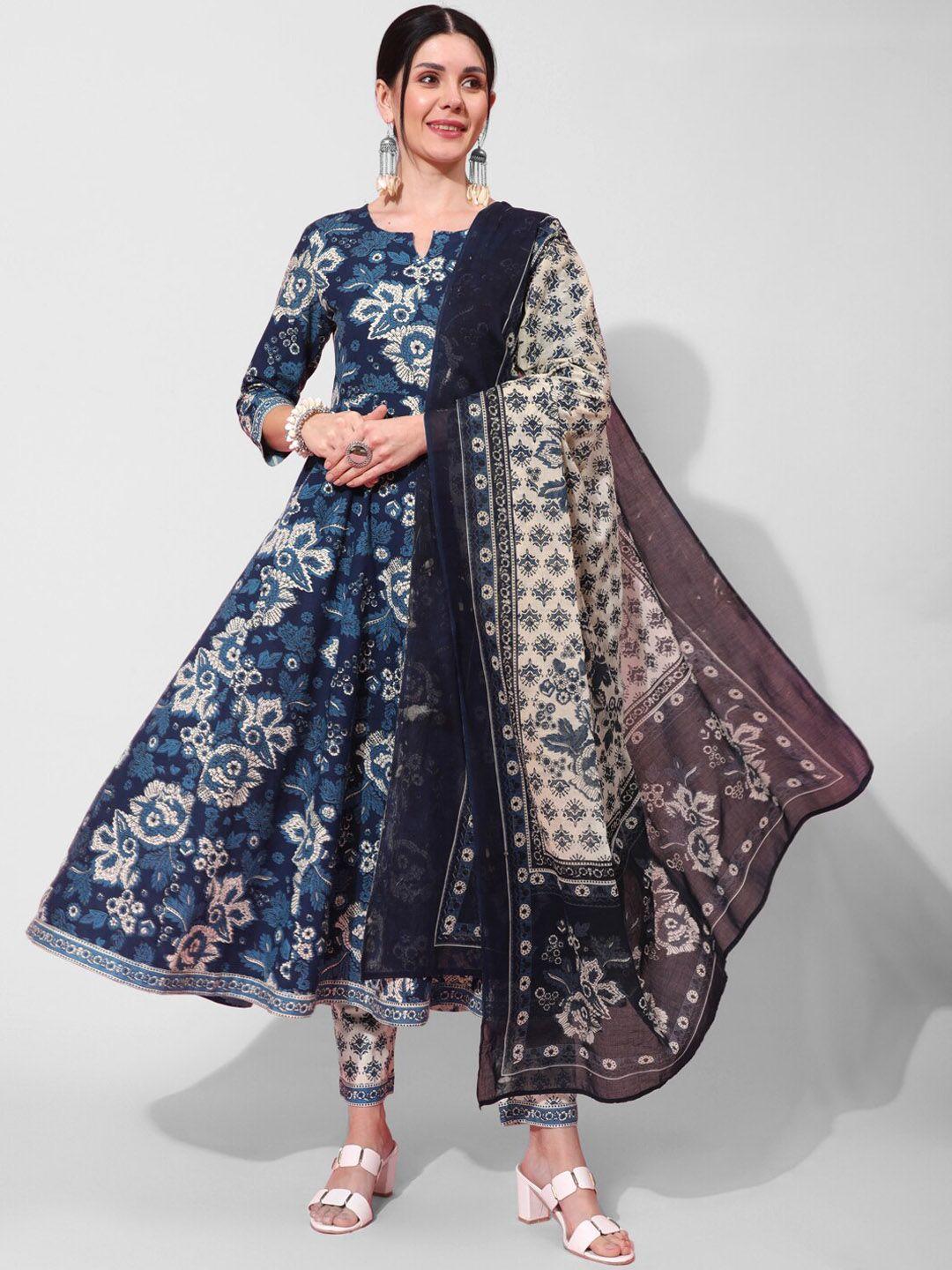 aadat floral printed anarkali pure cotton kurta with palazzos & dupatta